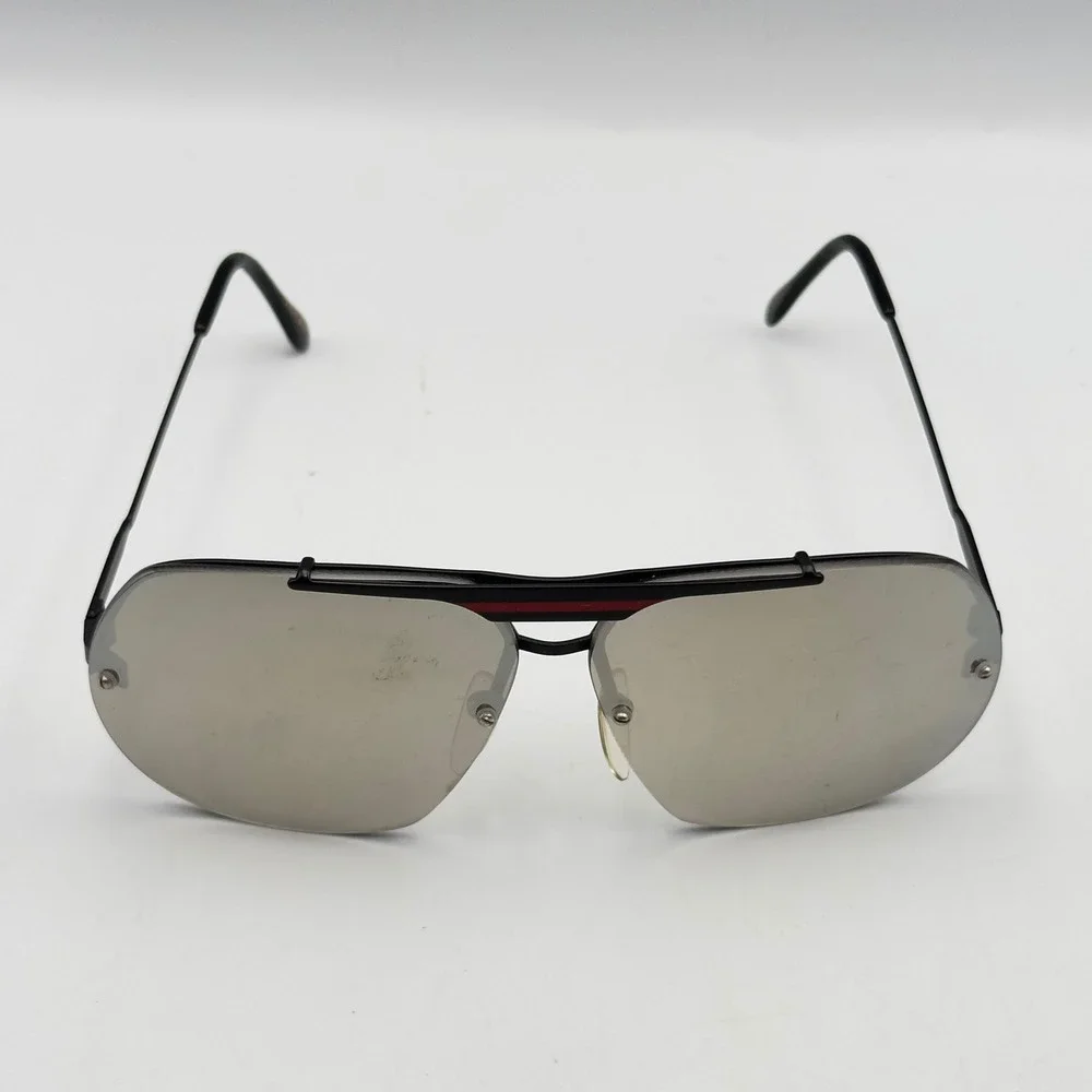 Vtg Foster Grant Aviator Sunglasses Silver Mirror Lens‎ Black Frame Red Stripe